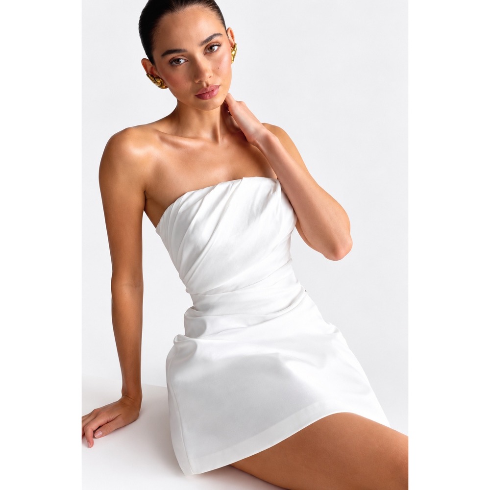 MESHKI Leslie White Gathered Taffeta Strapless Mini Dress Size S